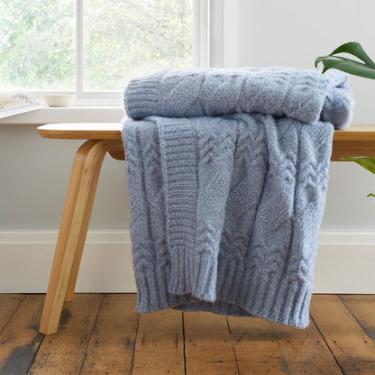 Cosy Soft Cable Knit Blanket Throw Blue