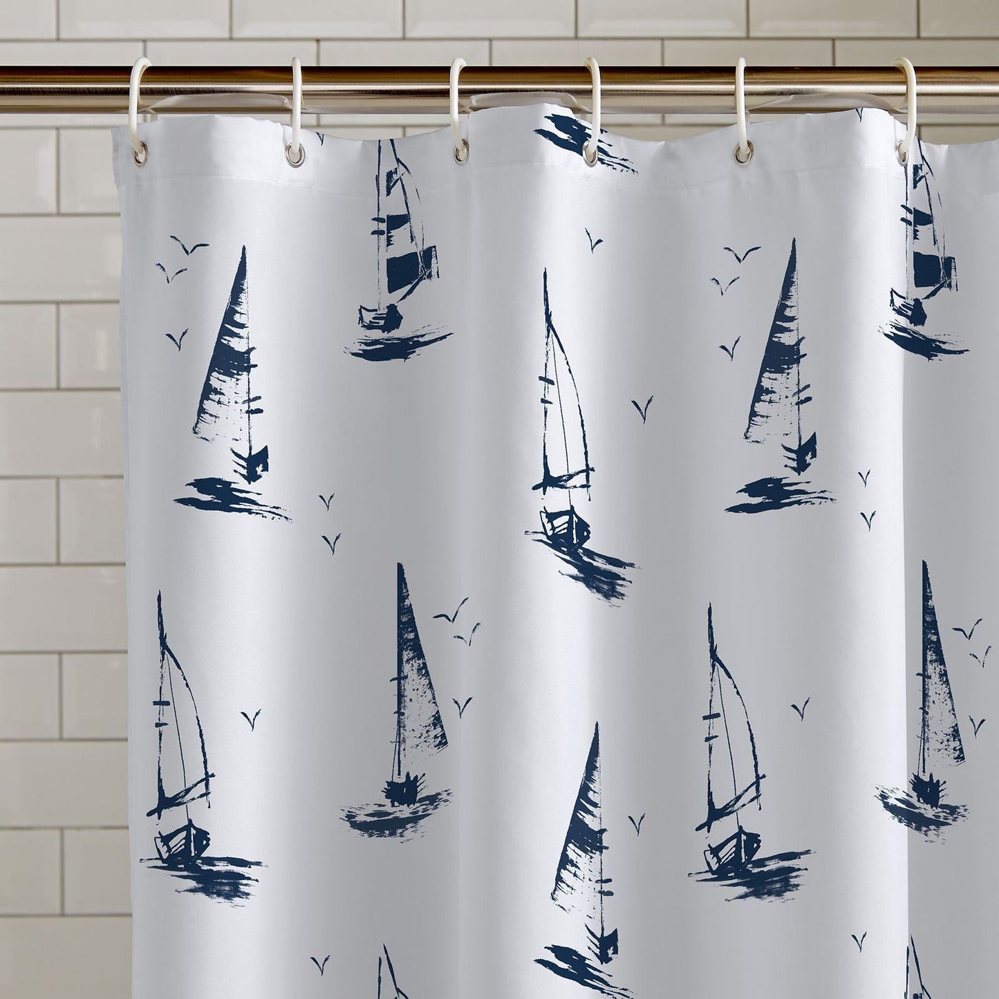 Catherine Lansfield Salcombe Boats White Shower Curtain - 180x180cm
