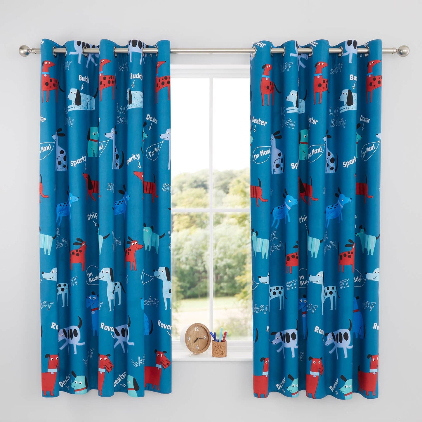 Woofing Dogs Blue Eyelet Curtains