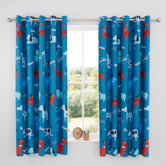 Woofing Dogs Blue Eyelet Curtains