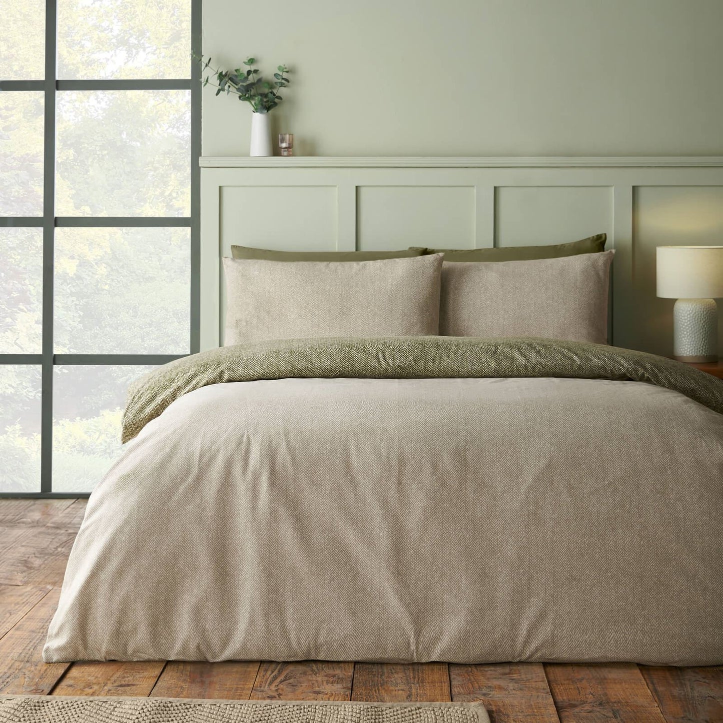 Catherine Lansfield Brushed Herringbone Printed Cotton Bedding Duvet Cover Set Green