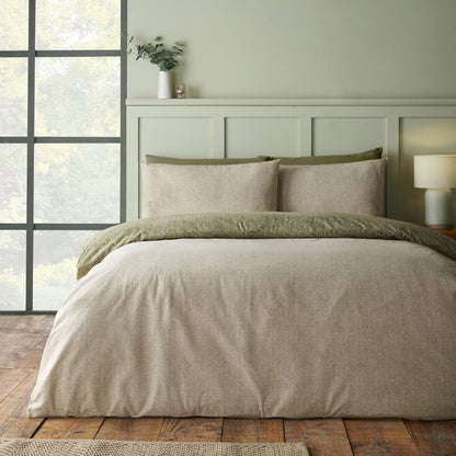 Catherine Lansfield Brushed Herringbone Printed Cotton Bedding Duvet Cover Set Green
