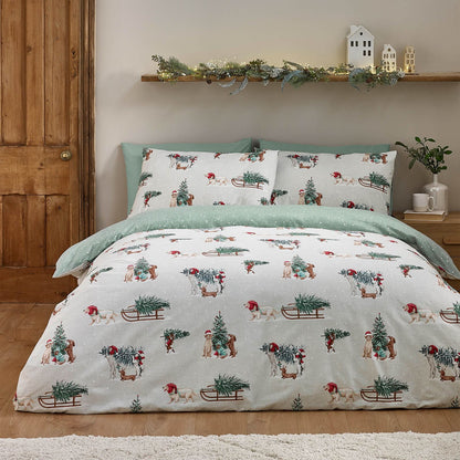 Catherine Lansfield Christmas Dogs Print Cotton Bedding Duvet Cover Set Green