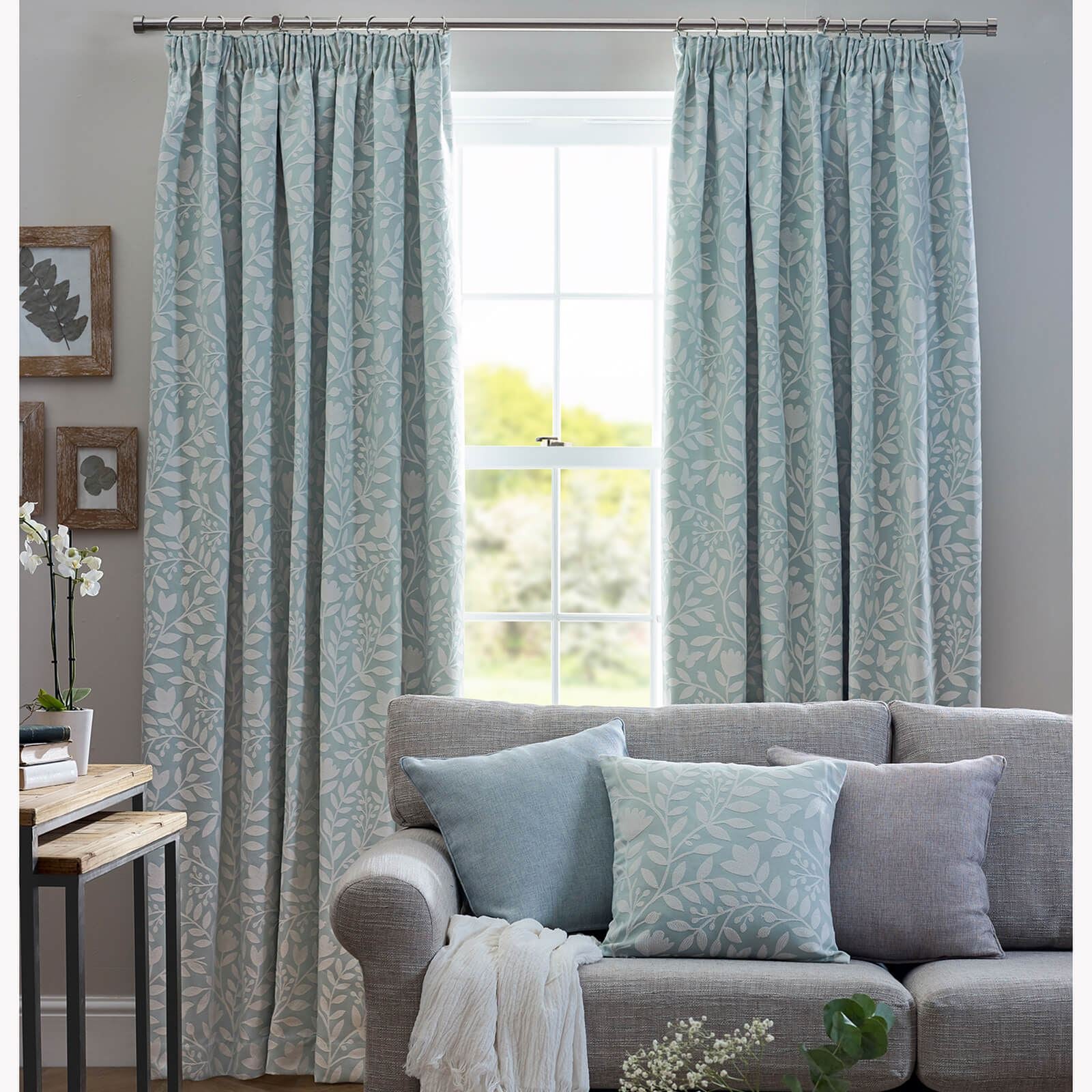 Eleanor Floral Aqua Pencil Pleat Curtains