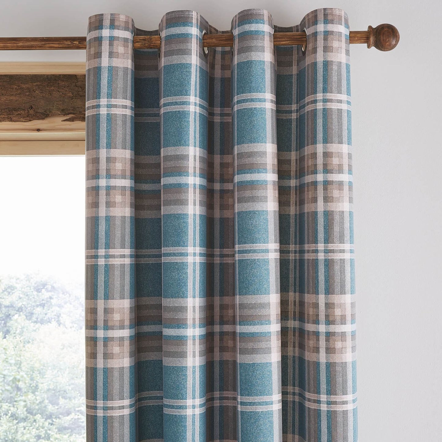 Tweed Woven Check Teal Eyelet Curtains