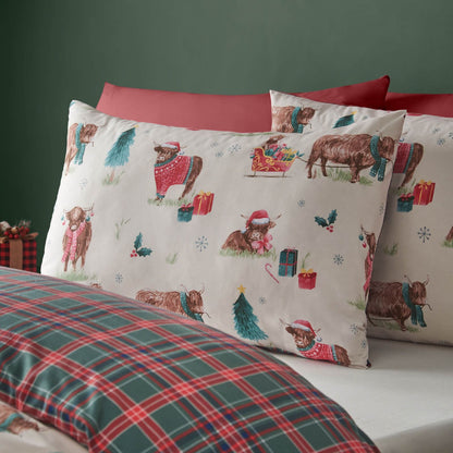 Catherine Lansfield Christmas Highland Cow Reversible Cotton Bedding Duvet Cover Set Natural