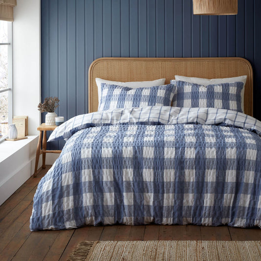 Brushed Seersucker Gingham Blue Duvet Cover Set