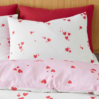 Seersucker Heart White / Red Duvet Cover Set