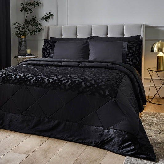 Lattice Cut Velvet Quilted Bedspread Black