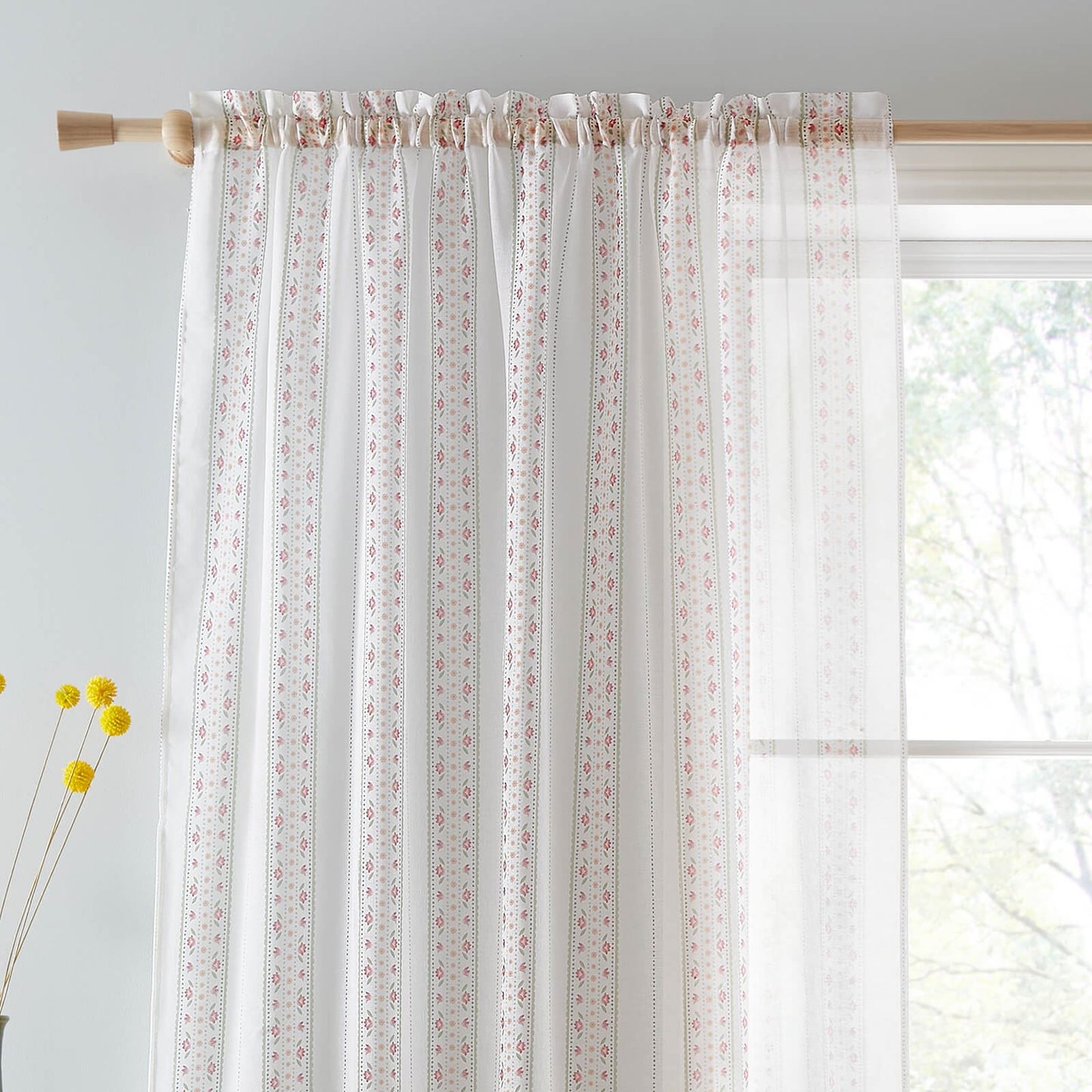 Floral Stripe Slot Top White Curtain Panel - Voile