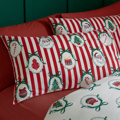 Catherine Lansfield Christmas Vintage Striped Reversible Cotton Bedding Duvet Cover Set Red