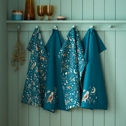 Catherine Lansfield Enchanted Twilight Animals Cotton Kitchen Tea Towel Pack of 4 Green - 50x70cm
