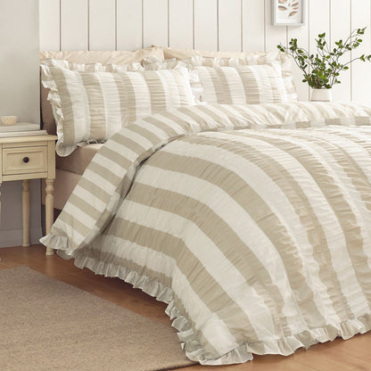 Catherine Lansfield Seersucker Frill Stripe Natural Duvet Cover Set