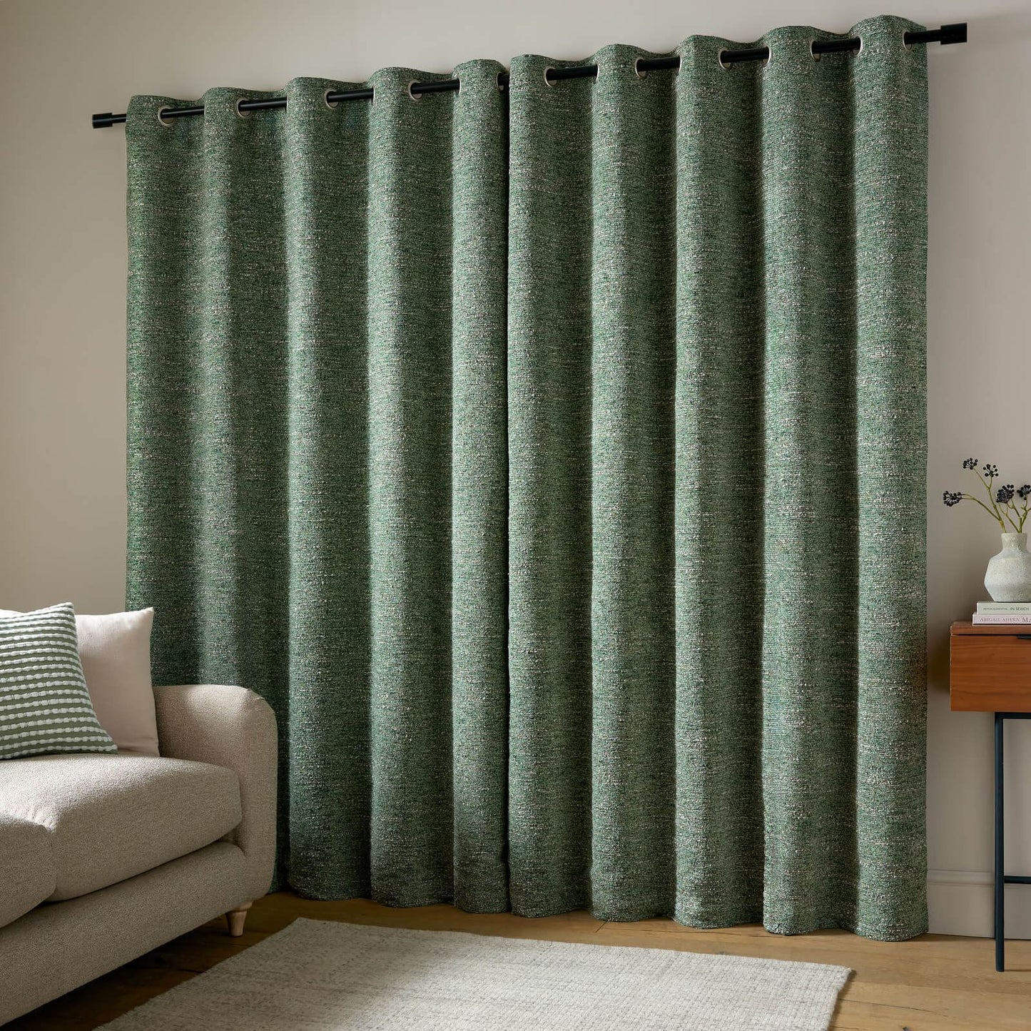 Catherine Lansfield Chunky Boucle Lined Eyelet Curtains Two Panels Green