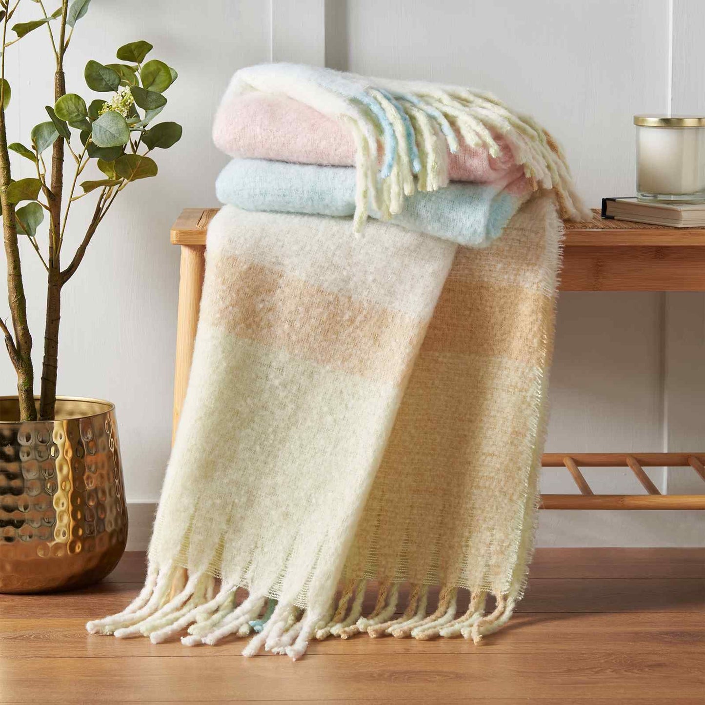 Faux Mohair Check Pastel Blanket Throw