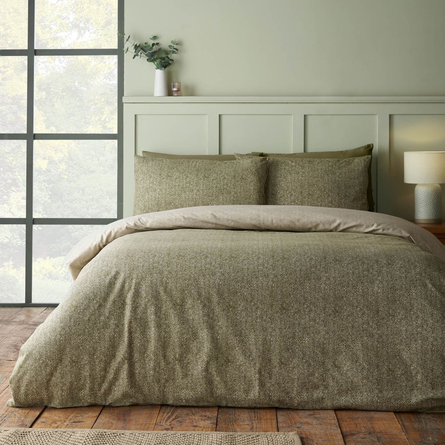 Catherine Lansfield Brushed Herringbone Printed Cotton Bedding Duvet Cover Set Green