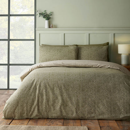 Catherine Lansfield Brushed Herringbone Printed Cotton Bedding Duvet Cover Set Green