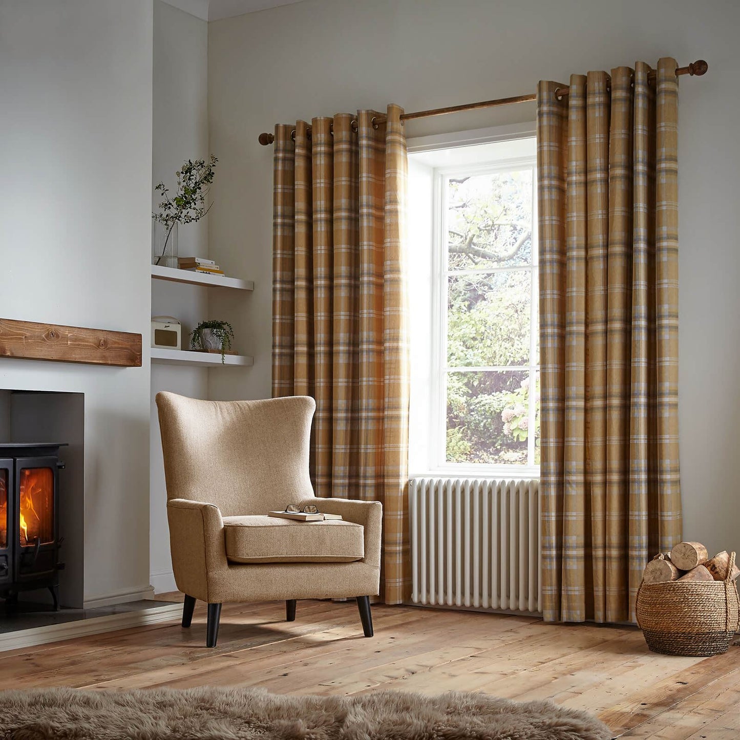 Thermal Woven Check Ochre Eyelet Curtains