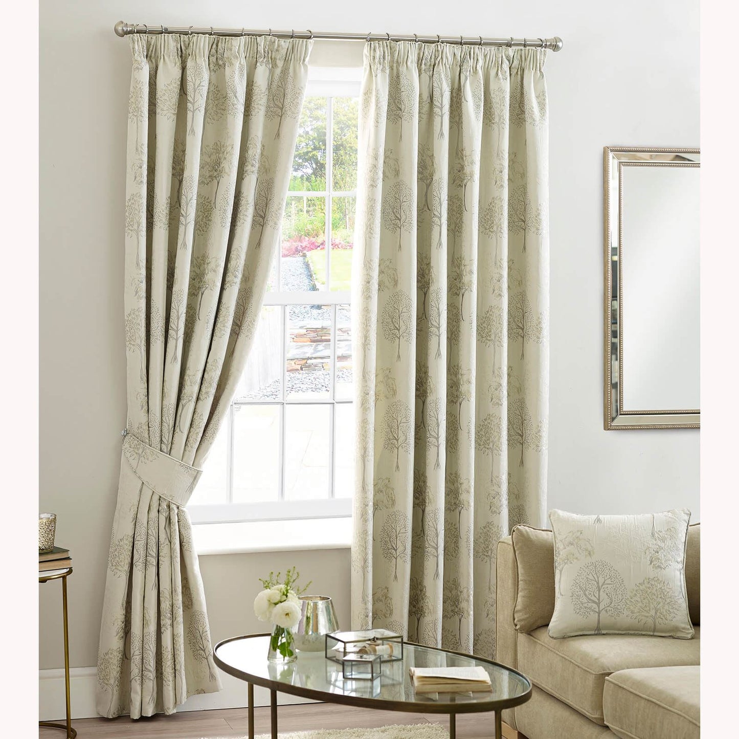 Arden Floral Natural Pencil Pleat Curtains