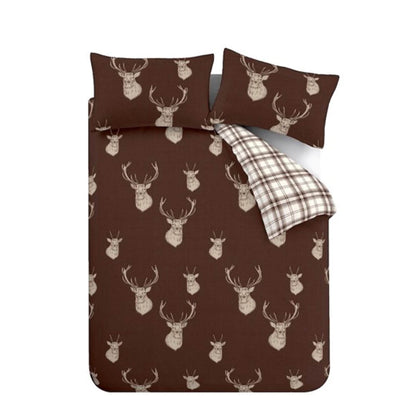 Catherine Lansfield Stag Checked Reversible Bedding Duvet Cover Set Chocolate