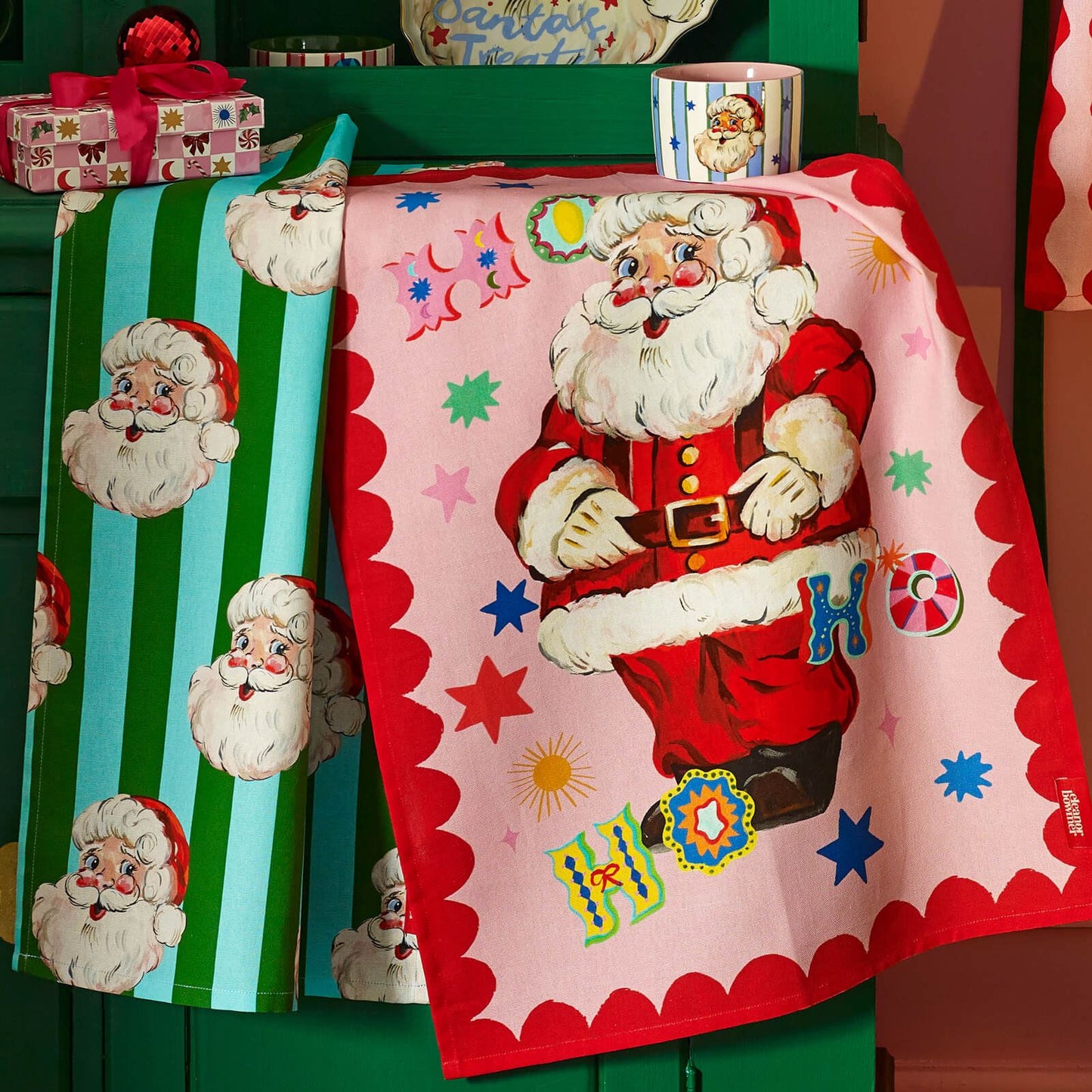 Eleanor Bowmer Jolly Santa Cotton Kitchen Tea Towel Pack of 2 Bright - 50x70cm