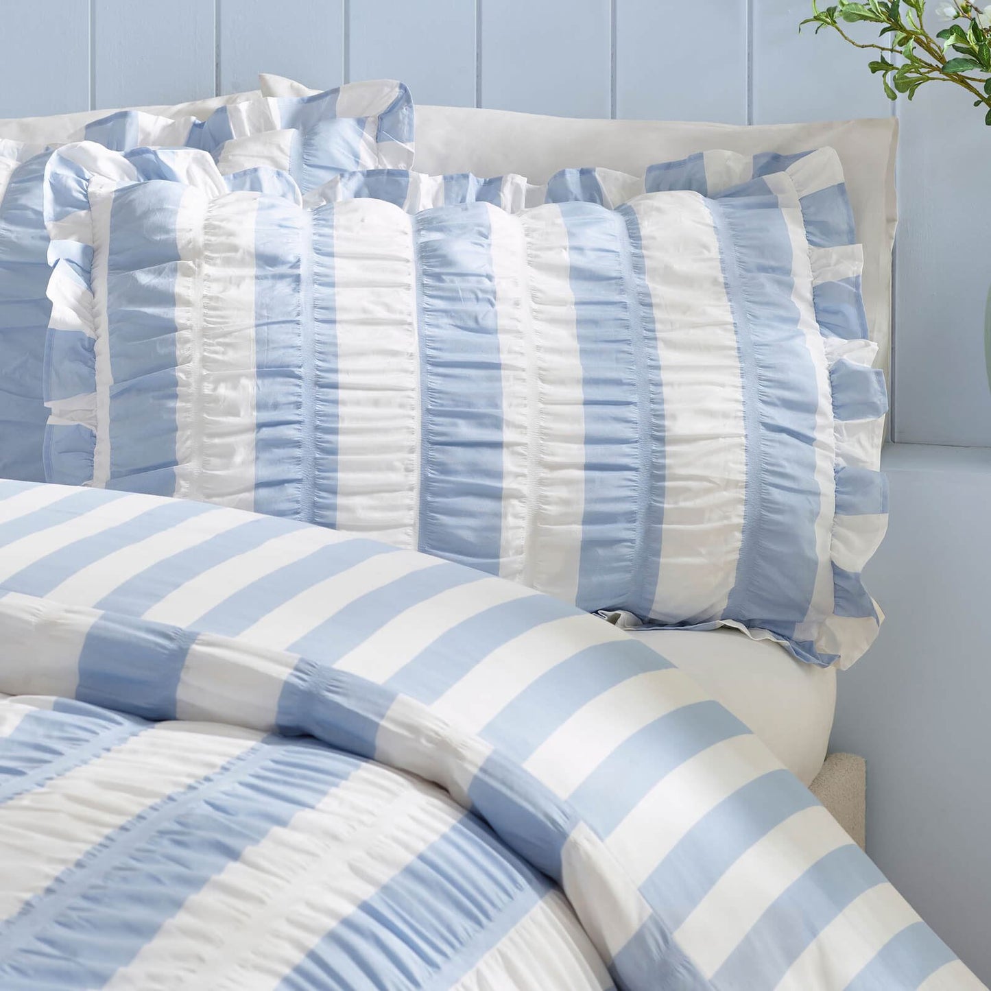 Catherine Lansfield Seersucker Frill Striped Bedding Duvet Cover Set Blue