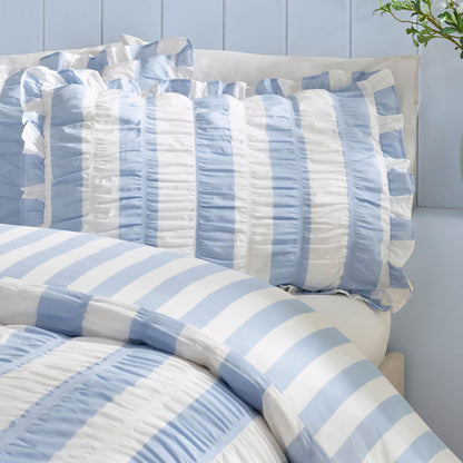 Catherine Lansfield Seersucker Frill Striped Bedding Duvet Cover Set Blue
