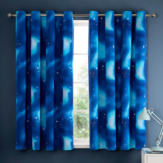 Ombre Stars 66x72 Inch Fully Reversible Eyelet Curtains Two Panels Blue