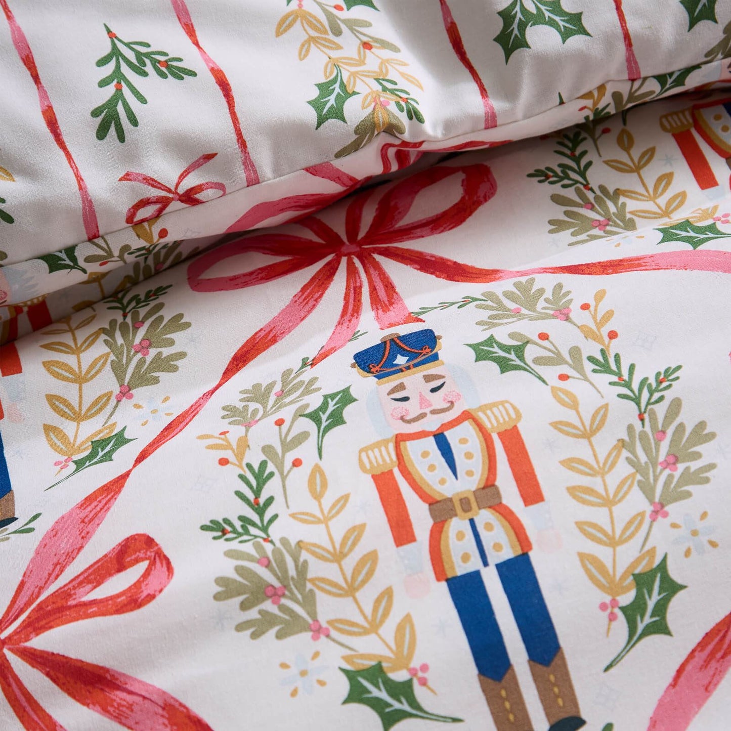 Catherine Lansfield Christmas Nutcracker Bows Reversible Cotton Bedding Duvet Cover Set Natural