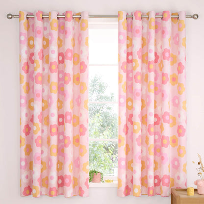 Retro Daisy 66x72 Inch Fully Reversible Eyelet Curtains Two Panels Pink