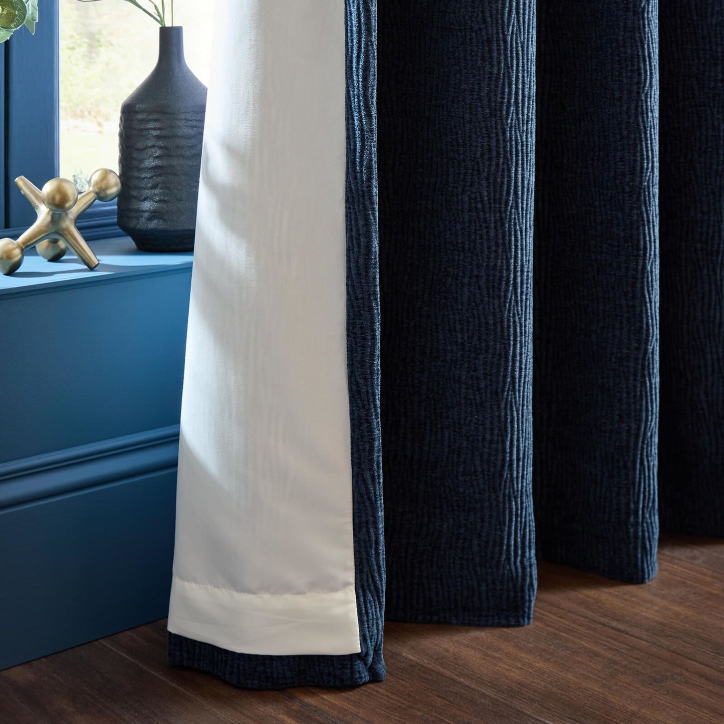 Catherine Lansfield Crinkle Chenille Lined Eyelet Curtains Two Panels Blue