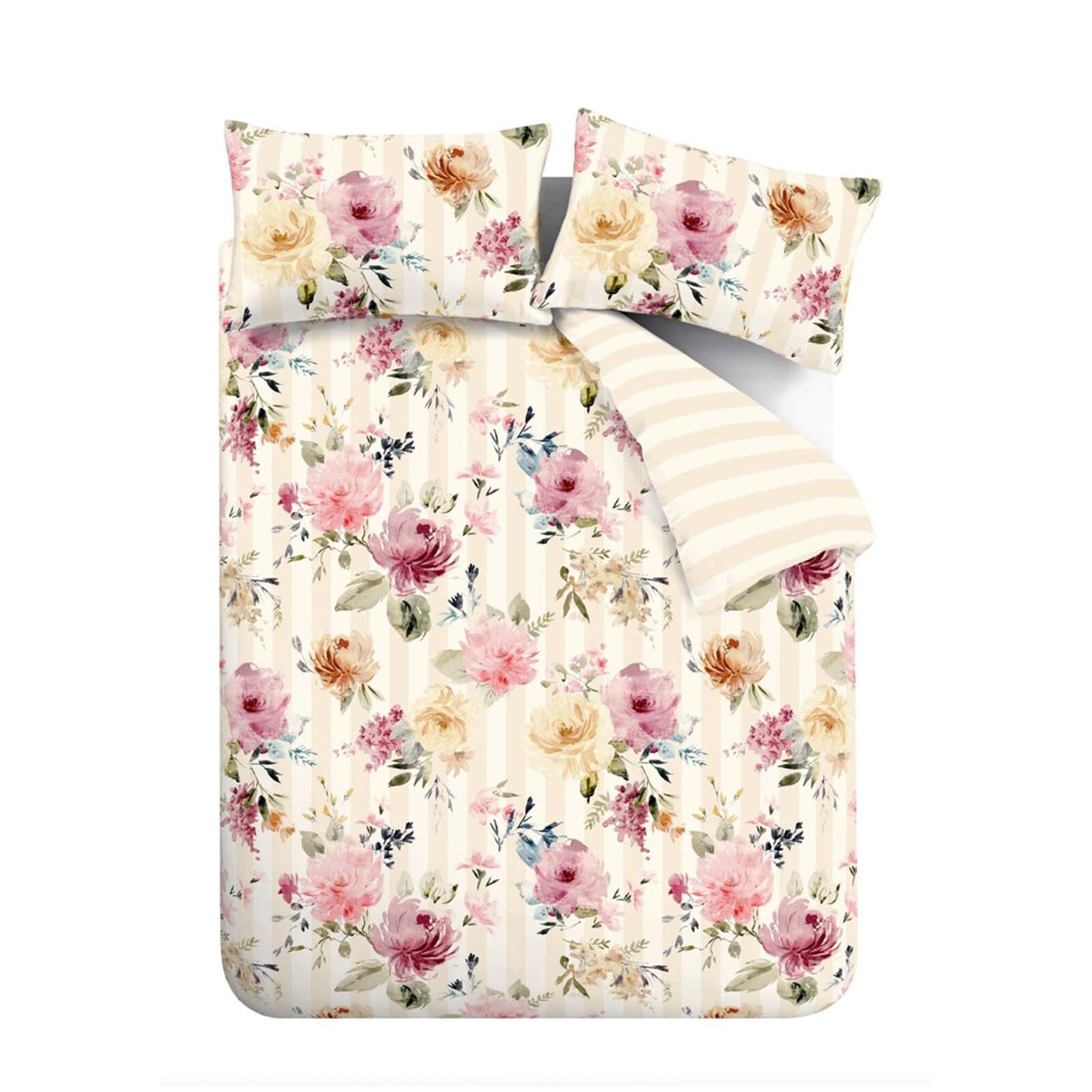 Catherine Lansfield Floral Striped Reversible Bedding Duvet Cover Set Cream