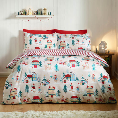 Catherine Lansfield Christmas Mouse Town Reversible Cotton Bedding Duvet Cover Set Natural
