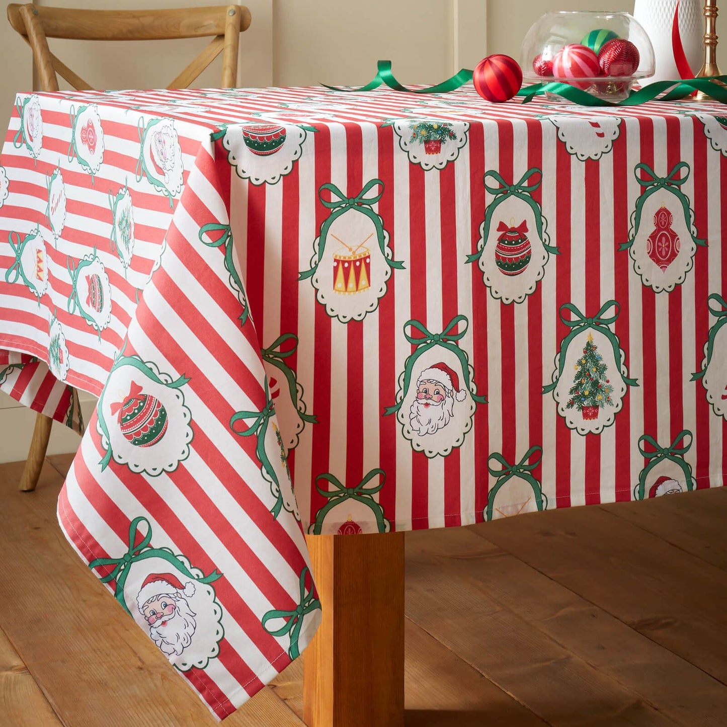 Catherine Lansfield Christmas Vintage Stripe Cotton Table Cloth Red