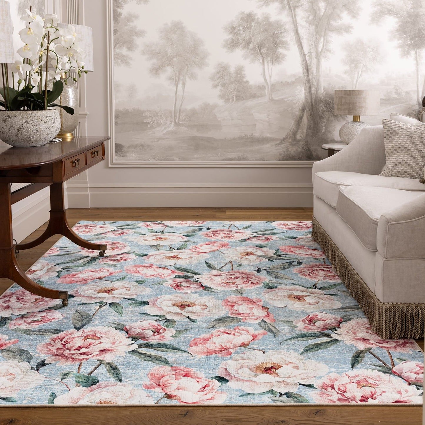 Hug Rug Eco-Washable Blooming Peonies Powder Blue Rug