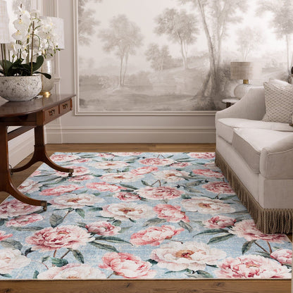 Hug Rug Eco-Washable Blooming Peonies Powder Blue Rug