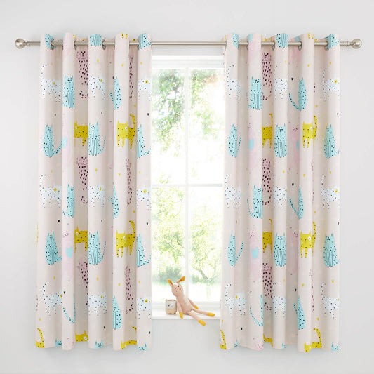 Cute Cats Pink Eyelet Curtains