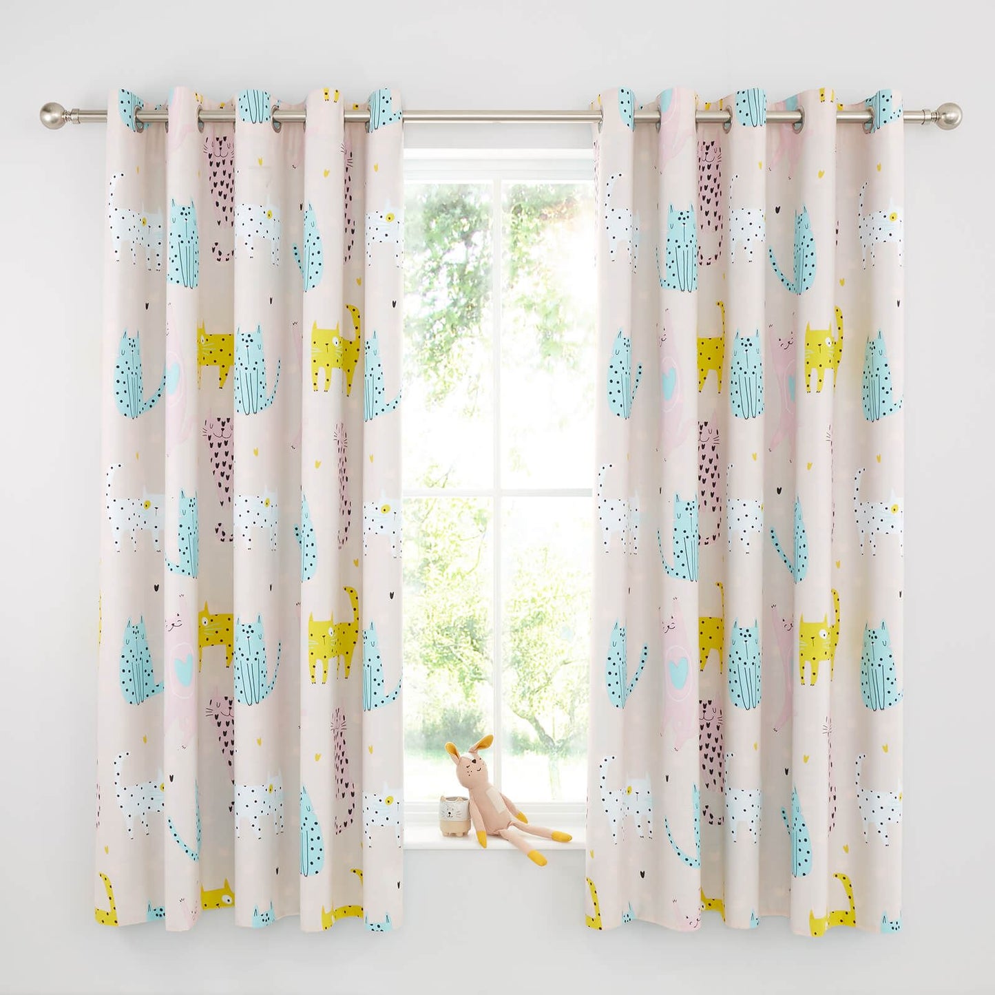 Cute Cats Pink Eyelet Curtains