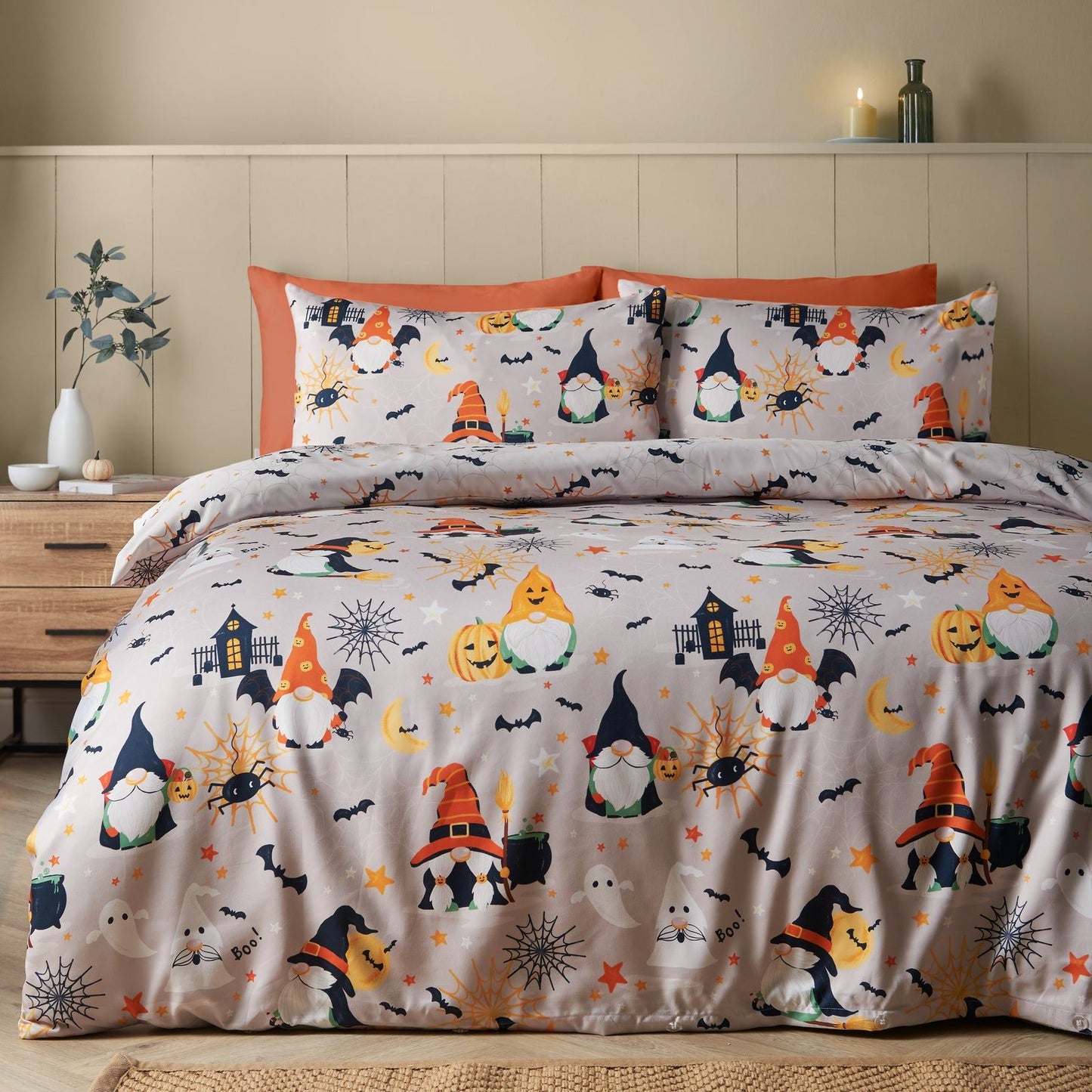 Catherine Lansfield Halloween Gonks Reversible Bedding Duvet Cover Set Natural