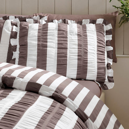 Catherine Lansfield Seersucker Frill Striped Bedding Duvet Cover Set Chocolate