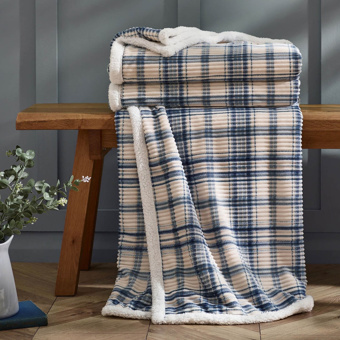 Catherine Lansfield Cosy Ribbed Check Blanket Throw Blue - 130x170cm