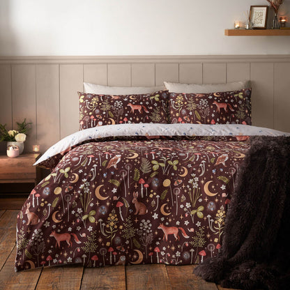 Catherine Lansfield Enchanted Twilight Animals Printed Bedding Duvet Cover Set Chocolate