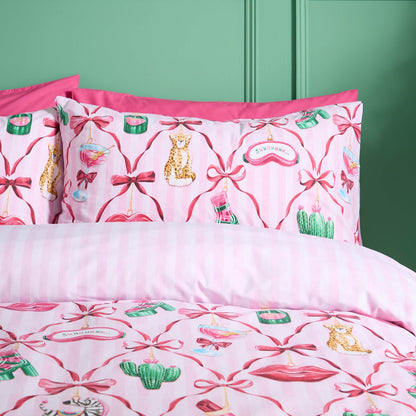 Catherine Lansfield Christmas Kitsch Reversible Cotton Bedding Duvet Cover Set Pink