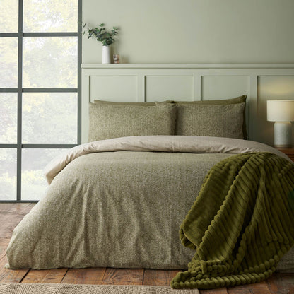 Catherine Lansfield Brushed Herringbone Printed Cotton Bedding Duvet Cover Set Green
