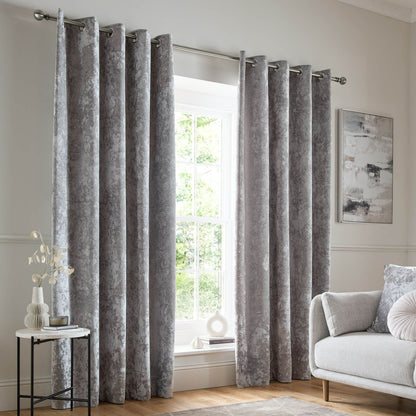 Catherine Lansfield Crushed Velvet Lined Eyelet Curtains Two Panels Silver Grey