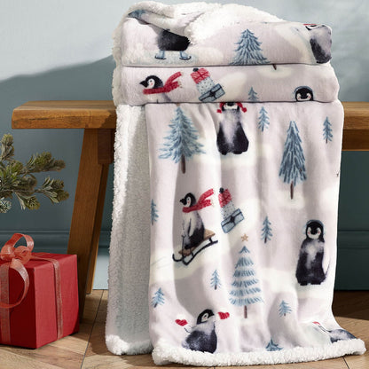 Catherine Lansfield Christmas Sherpa Penguins Cosy Blanket Throw Natural - 130x170cm