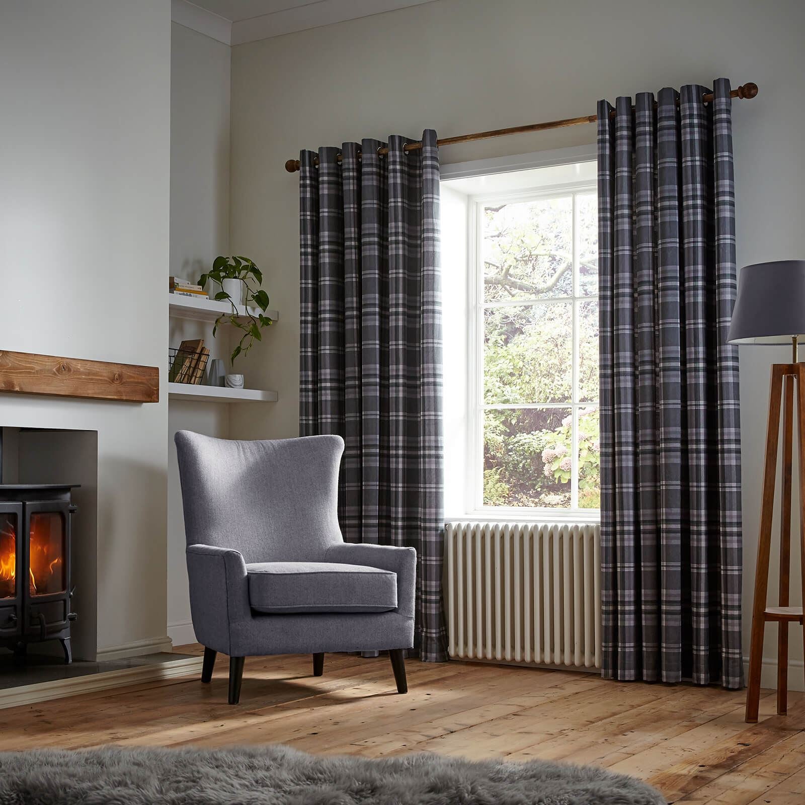 Thermal Woven Check Charcoal Eyelet Curtains