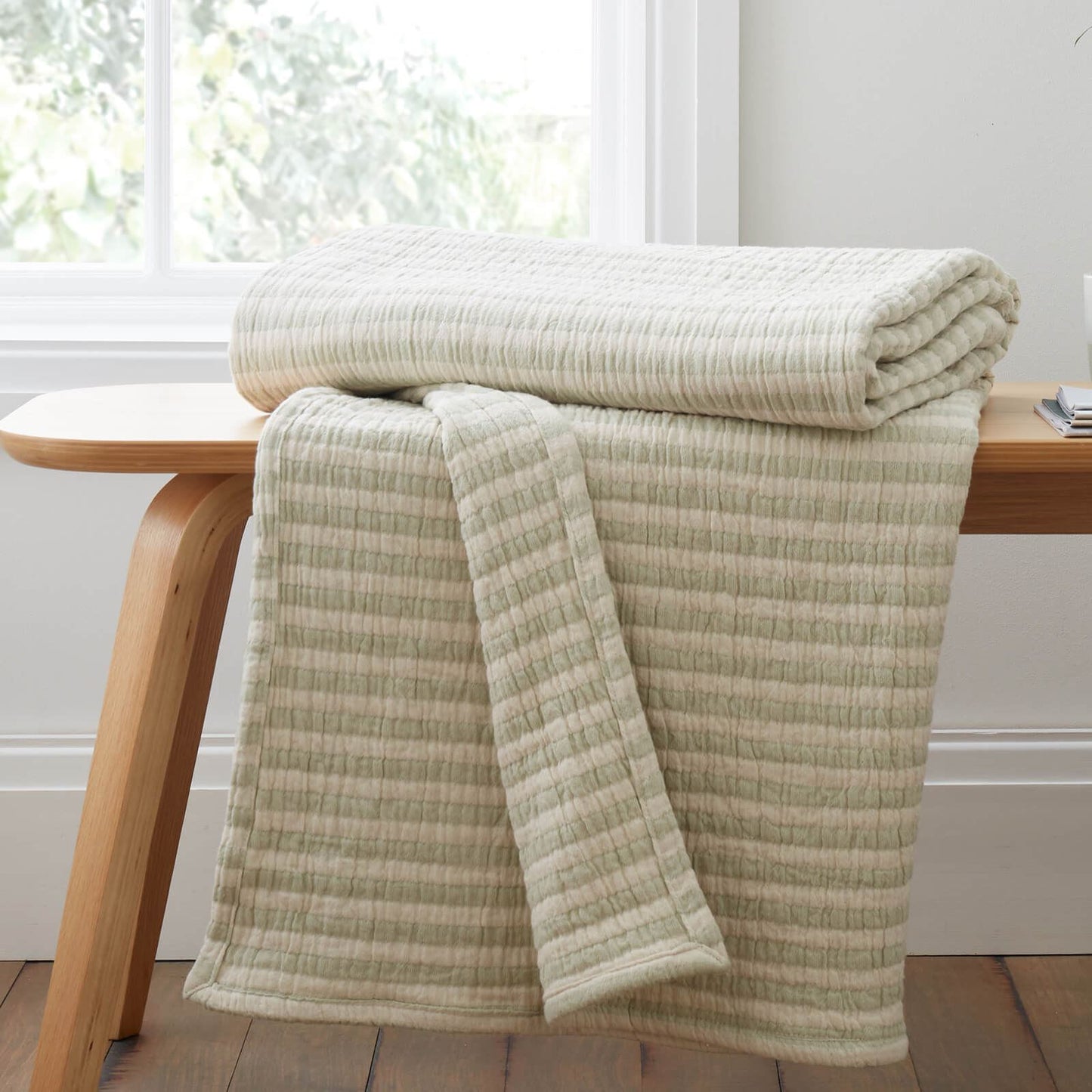 Bianca Fine Linens Cotton Muslin Stripe Blanket Throw Green - 150x200cm
