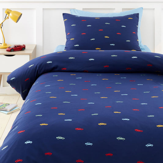 Embroidered Cars Blue Duvet Cover Set