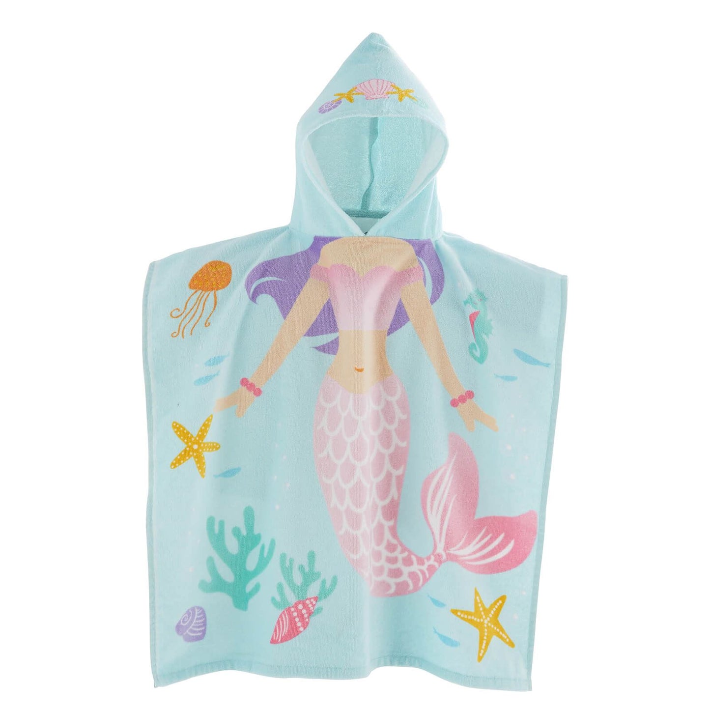 Kids Mermaid Hooded Cotton 60x120cm Towel Poncho Aqua Blue